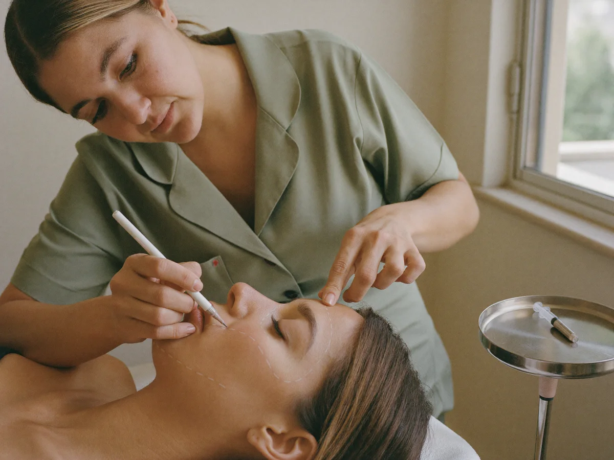Clinician mapping facial landmarks during an injectables consultation