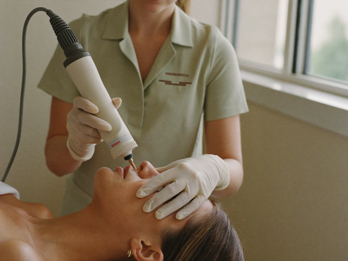 Clinician performing a gentle microneedling treatment on the cheek