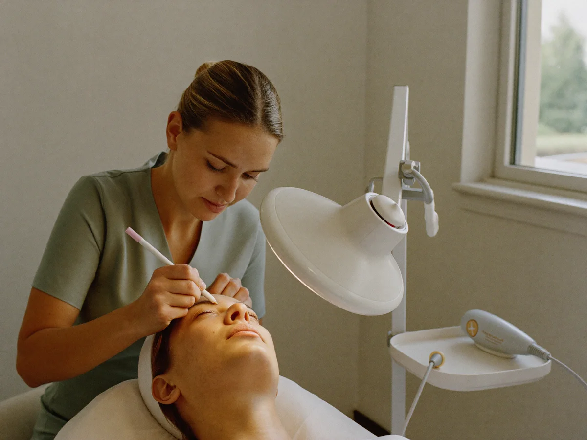 Clinician carefully assessing the upper-eye area during a PLEXR consultation